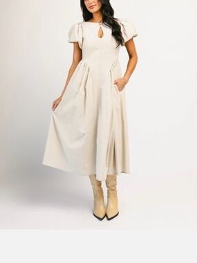 Zoco Puff-Sleeve Midi Dress with Keyhole, White